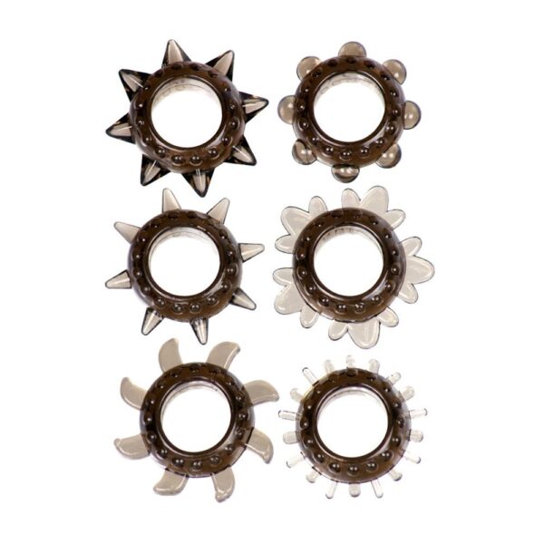 55003992 SET DI 6 DIVERSI ANELLI FALLICI IN TPE NERO CON PROTUBERANZE STIMOLANTI